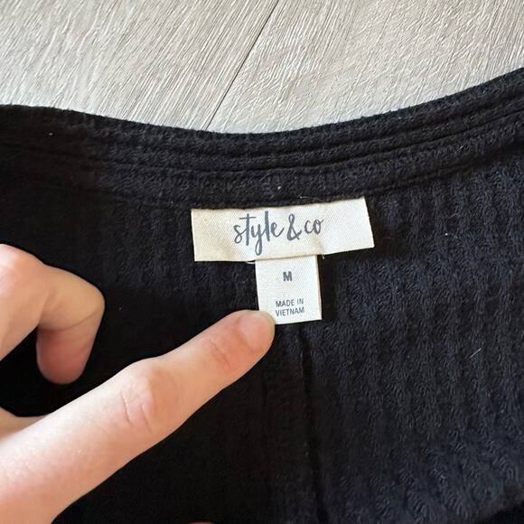 Style & Co Womens Waffle Knit Tie Front Top Size Medium Black Button Down - Picture 3 of 5